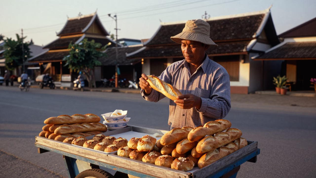 Luang Prabang street vendor selling fresh baguettes and pastries during golden hour in Laos in in Luang Prabang, Laos