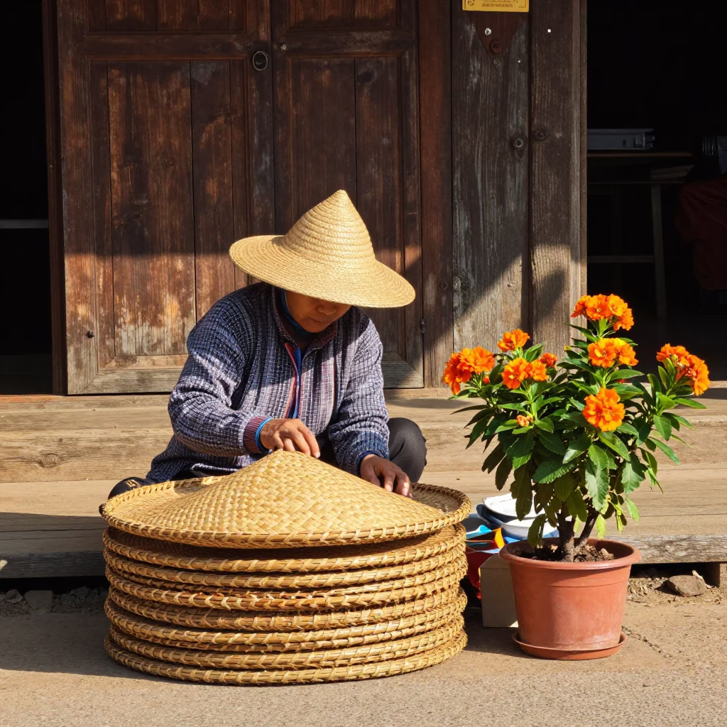 Luang Prabang Street Vendor Woven Mats and Flowering Plant Afternoon in in Luang Prabang, Laos