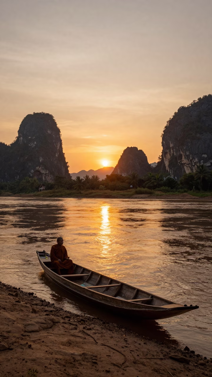 Luang Prabang Sunset Scene with Monk Alms and River Sampan in in Luang Prabang, Laos