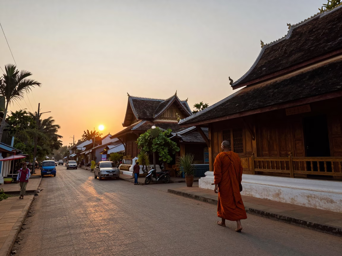 Luang Prabang Sunset Street Scene with Monk Alms and Local Market Life in in Luang Prabang, Laos