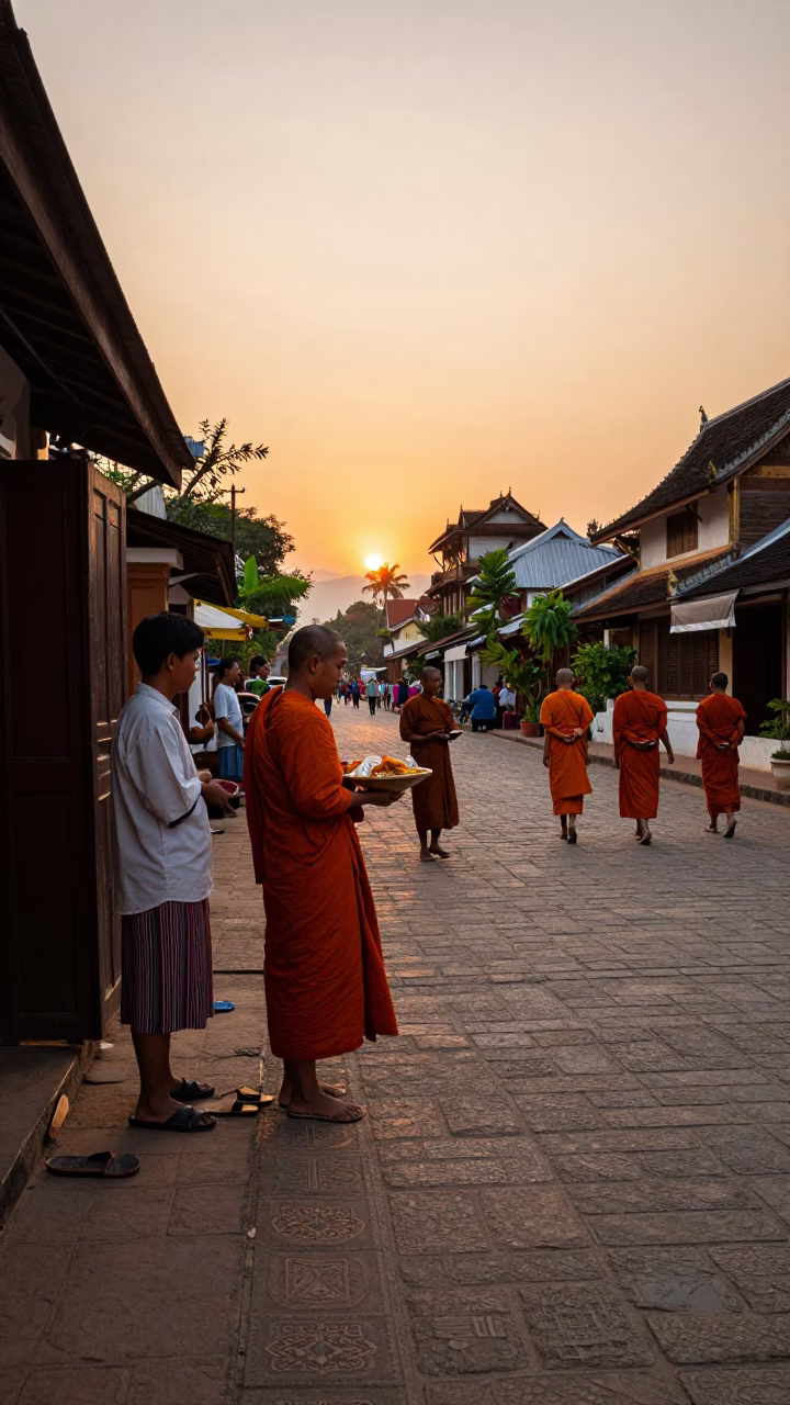 Luang Prabang Sunset Street Scene with Traditional Alms Offering and Local Daily Life in in Luang Prabang, Laos