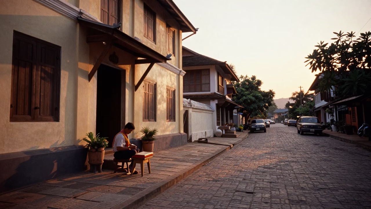 Luang Prabang Sunset Street Scene with Traditional Stool and Scarf in Laos in in Luang Prabang, Laos