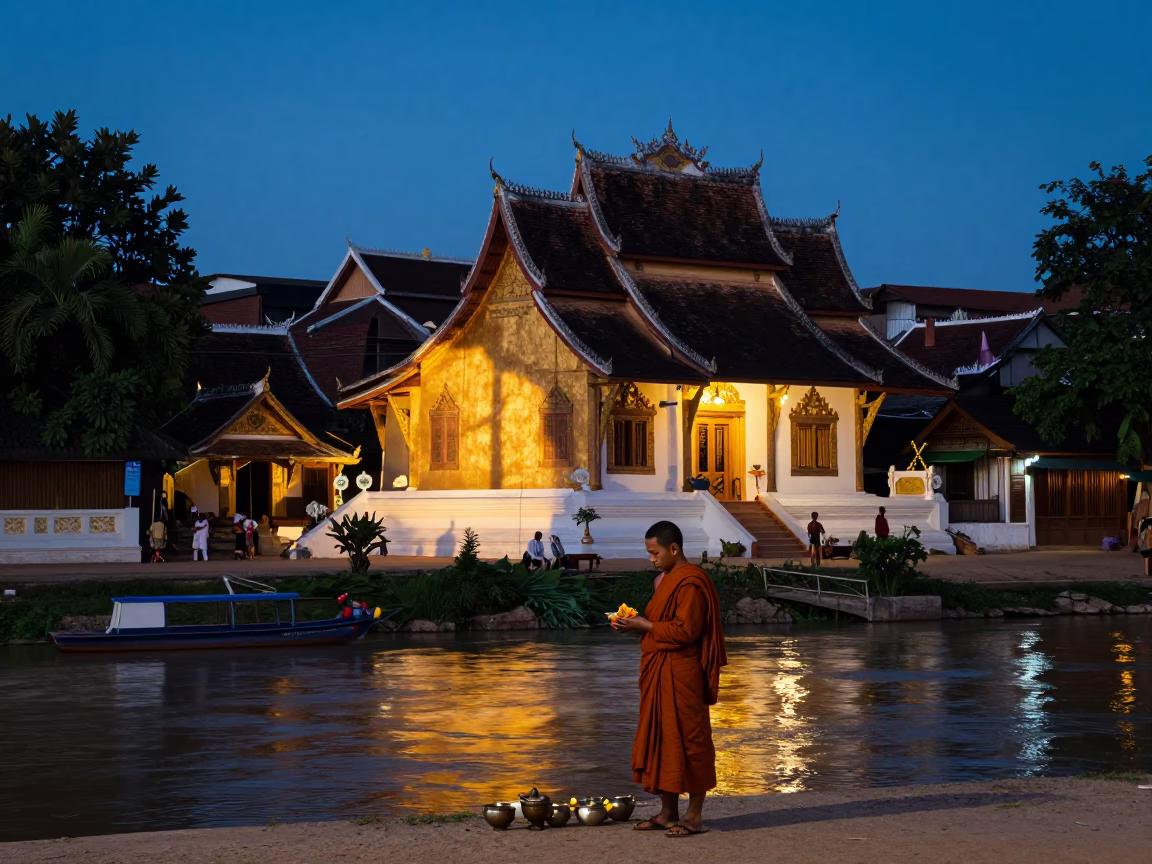 Luang Prabang Twilight Street Scene with Alms Offering and Traditional Architecture in in Luang Prabang, Laos