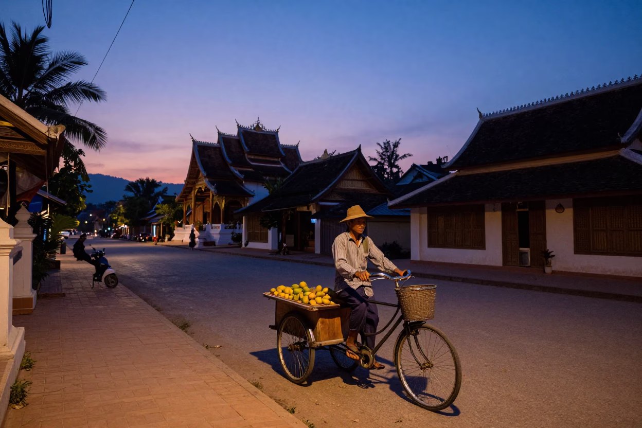 Luang Prabang Twilight Street Scene with Bicycle Basket and Mango Tree in in Luang Prabang, Laos