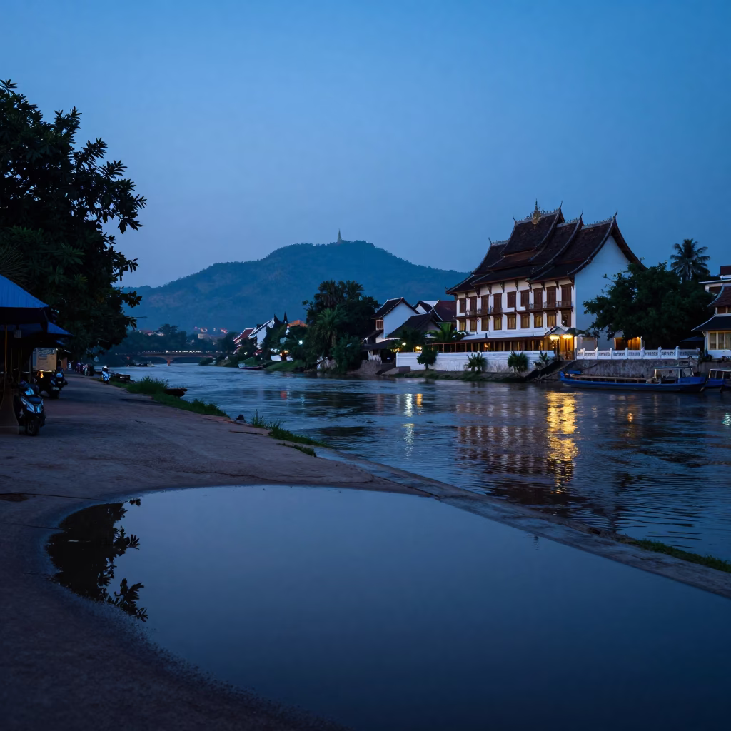 Luang Prabang Twilight Street Scene with Puddle Reflections of Hotel Windows and Tail Lights in in Luang Prabang, Laos