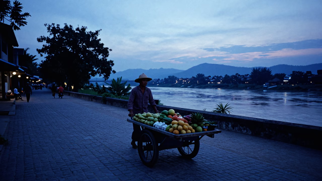 Luang Prabang Twilight Street Scene with Rolling Carts and Indigo Sky in in Luang Prabang, Laos