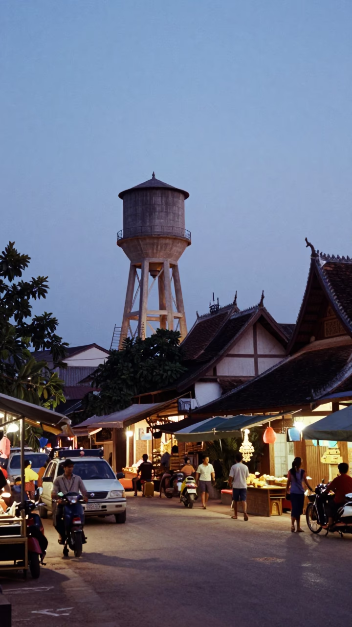 Luang Prabang Twilight Street Scene with Water Tower and Local Life in in Luang Prabang, Laos