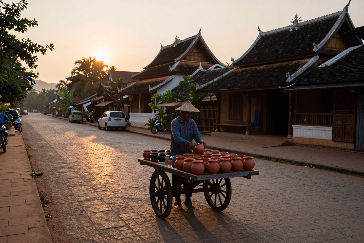 Luang Prabang Vendor Scene at The Still Hours Before Dawn Light in in Luang Prabang, Laos