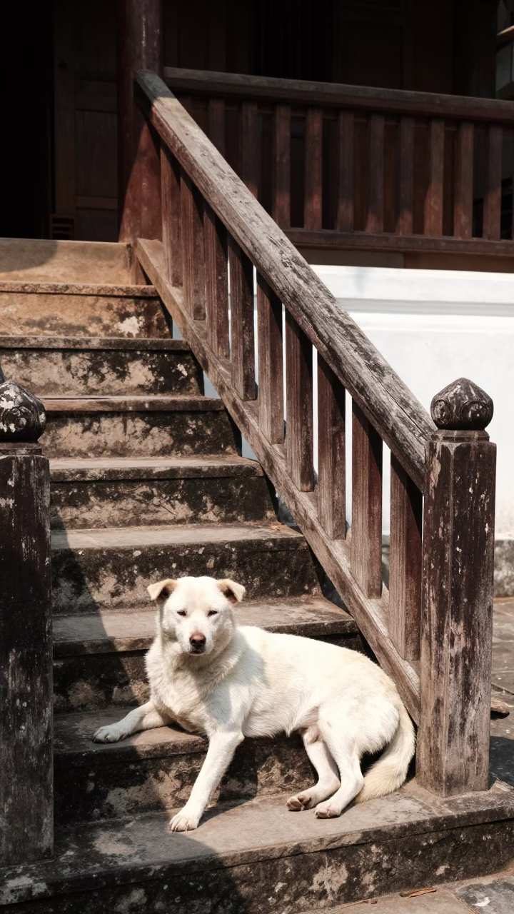 Luang Prabang White Dog in in Luang Prabang, Laos
