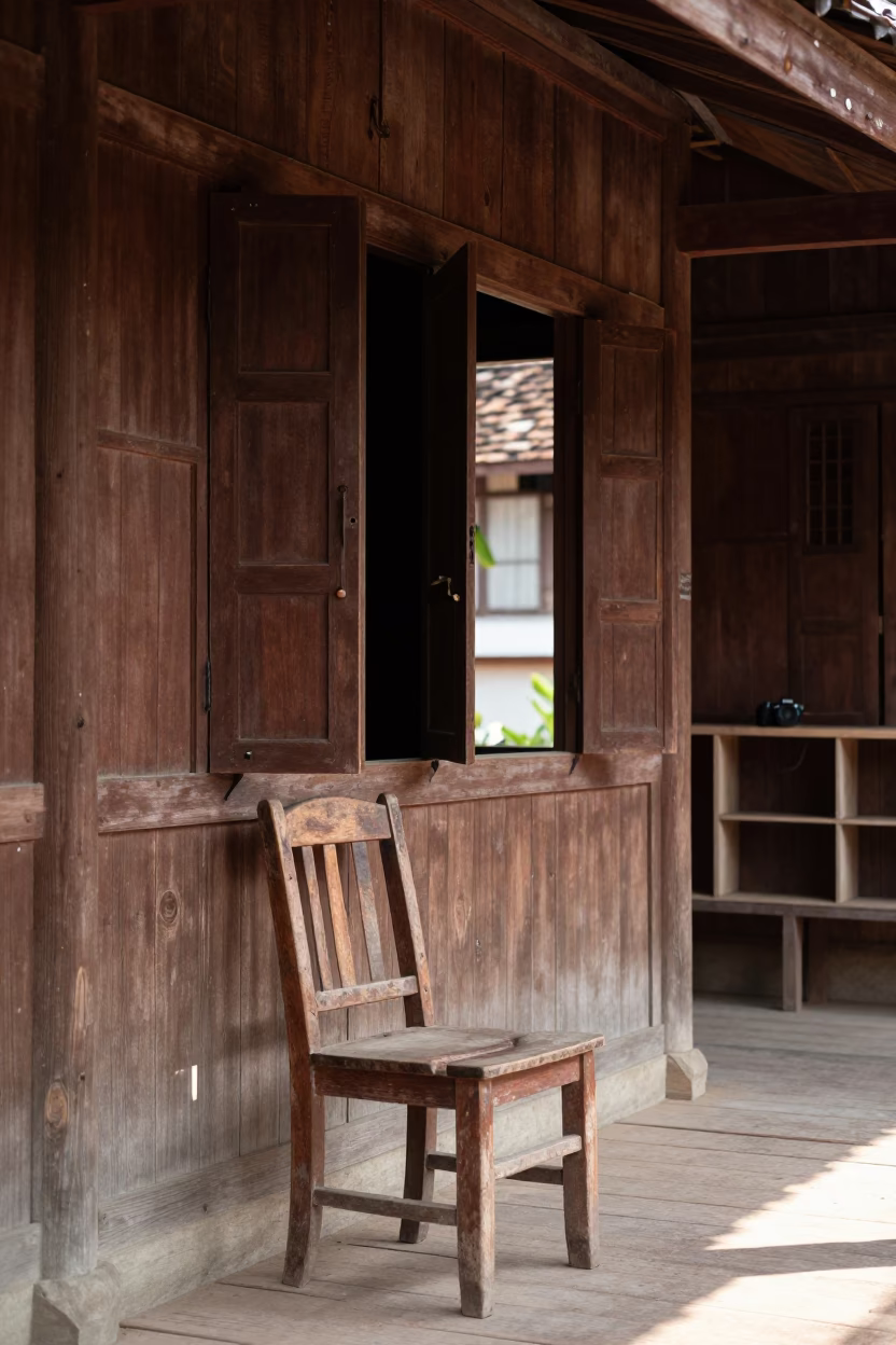 Luang Prabang Wooden Interior at Noon Light in in Luang Prabang, Laos