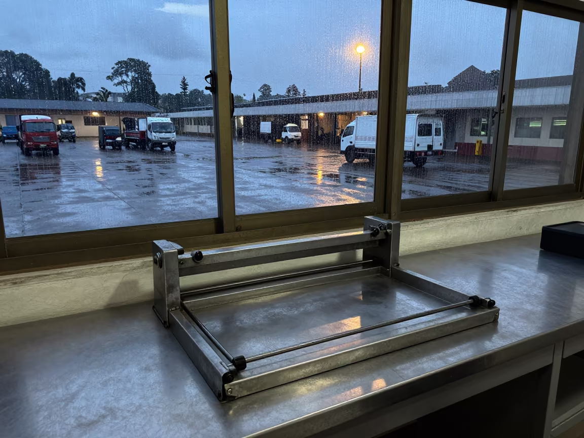 Lubumbashi Dispatch Stamp Tray Before Rush in inside a dispatch office above the dock in Lubumbashi