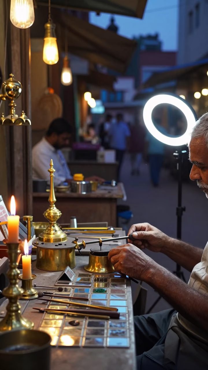 Lucknow Goldsmith Bench Candlelight Twilight Close-up in at a goldsmith bench in a bazaar jewelry lane in Lucknow