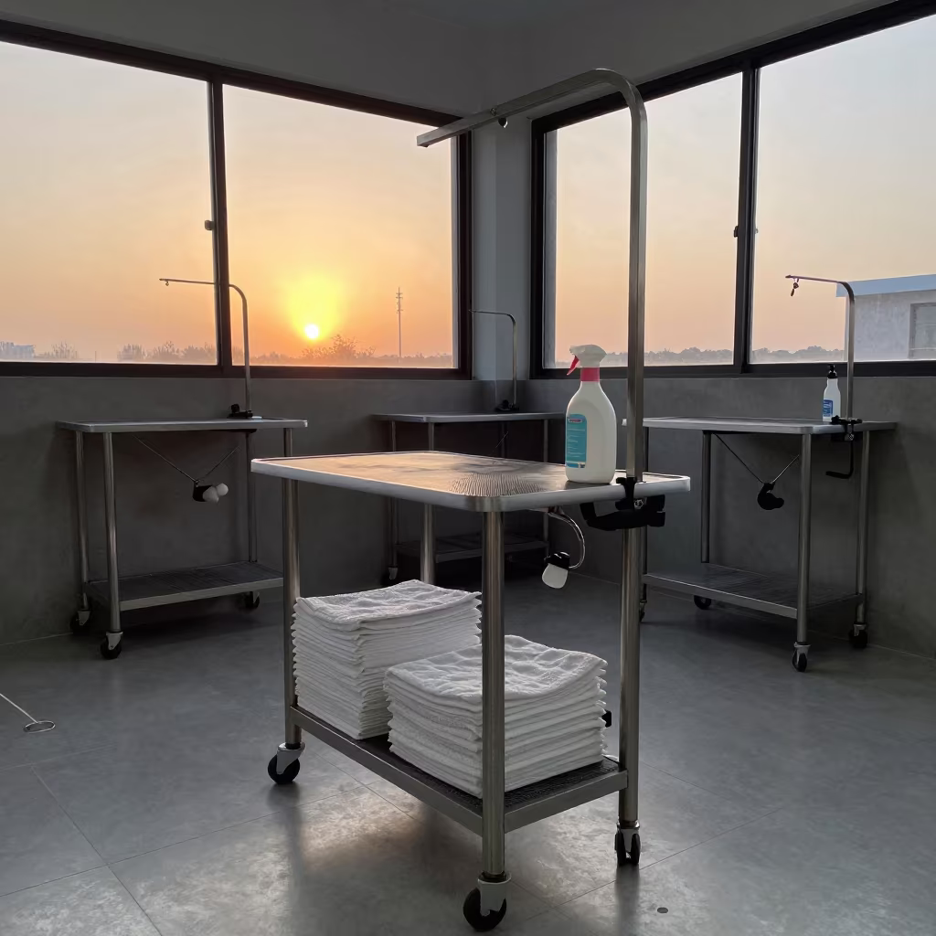 Luena Kennel Cart Honey Light Before First Booking in inside a grooming bay in Luena