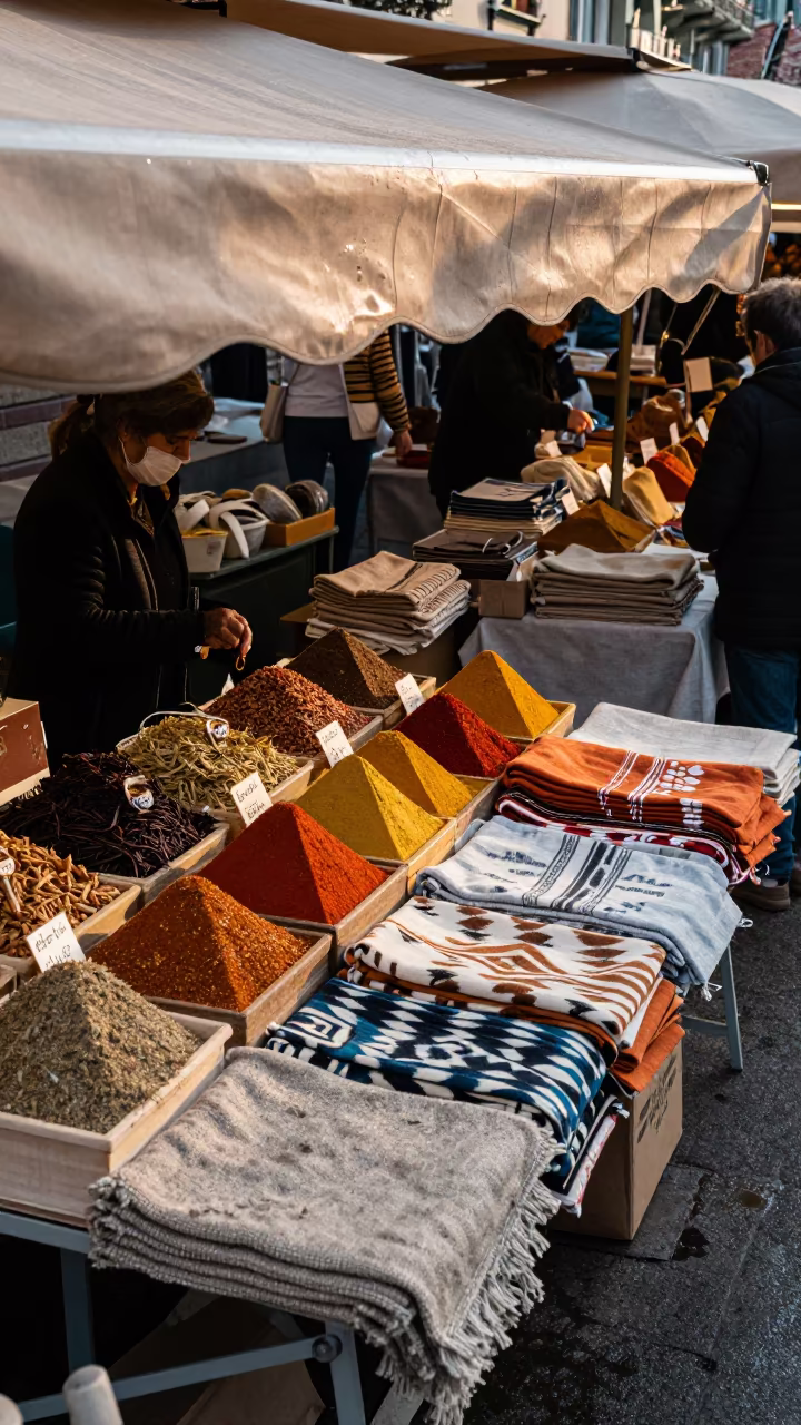 Lugano Textile Market Ikat Linen Evening in at a spice vendor's table in Lugano
