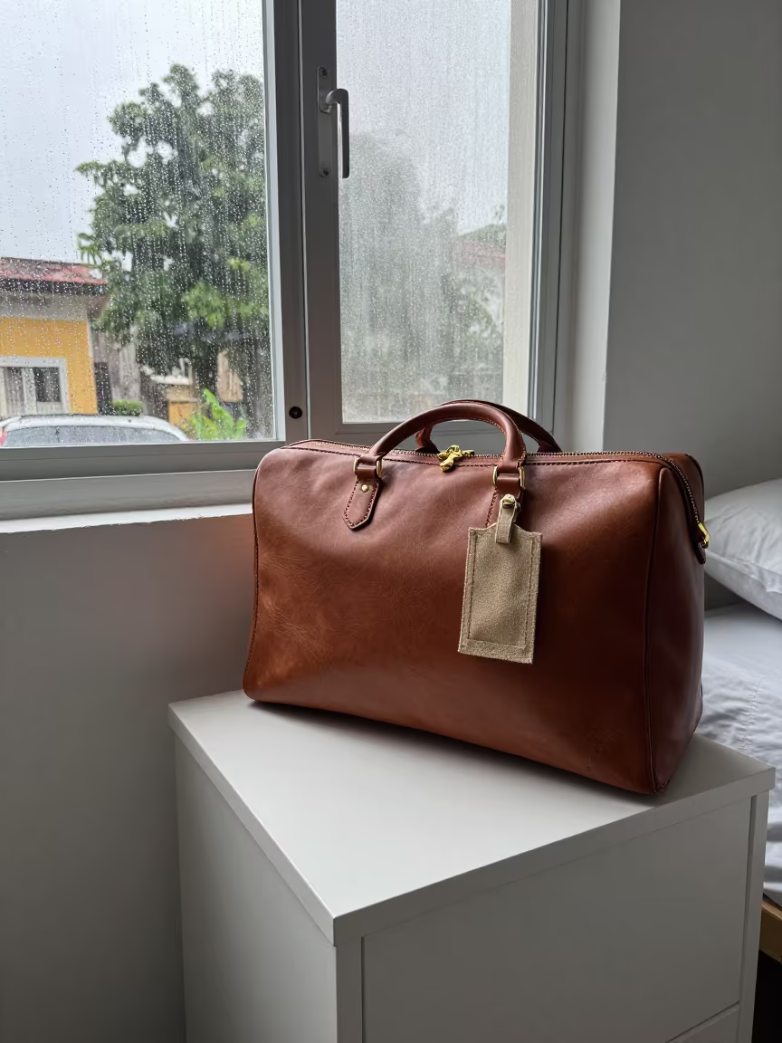 Luggage Tag on Leather Valise Near Window in on a bedside table near La Guaira