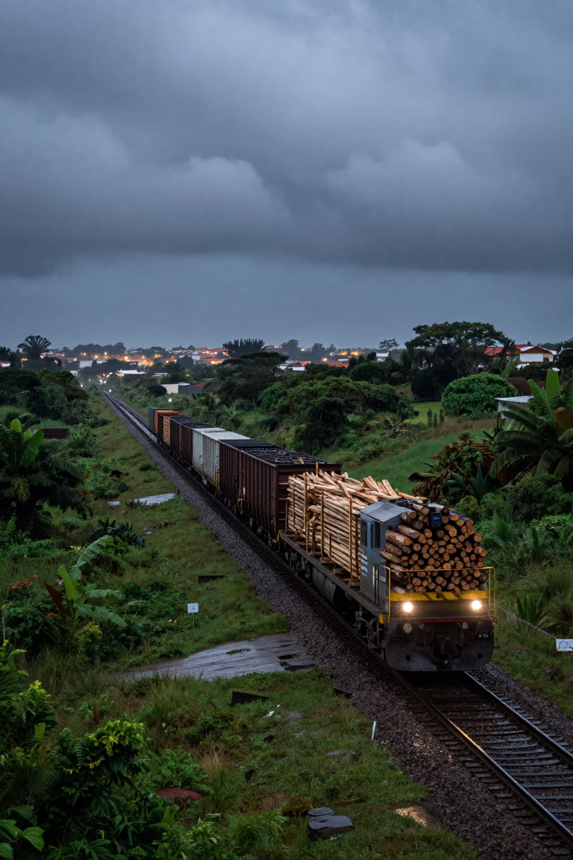 Lumber Freight Train Crossing Windy Causeway at Dusk in on a wind-open causeway near Barbacena