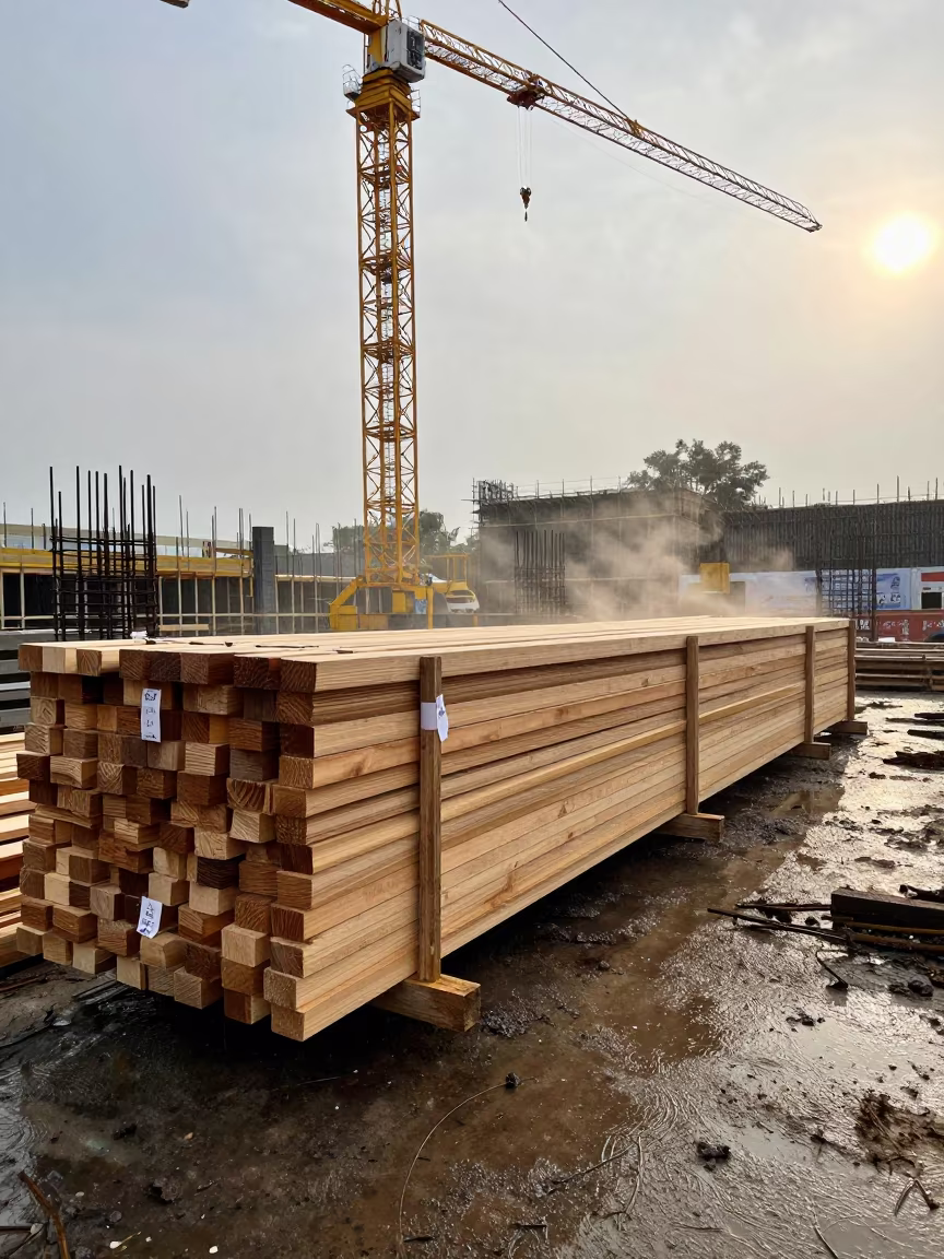 Lumber Pack Row Under Tower Crane in Drizzle in beneath a tower crane on open ground near Buffalo