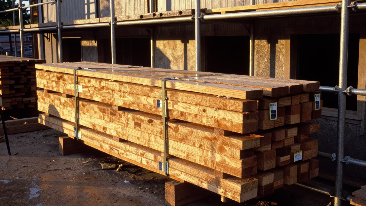 Lumber Packs with Spacers Under Safety Harness Rack in along a scaffolded facade in Tongi