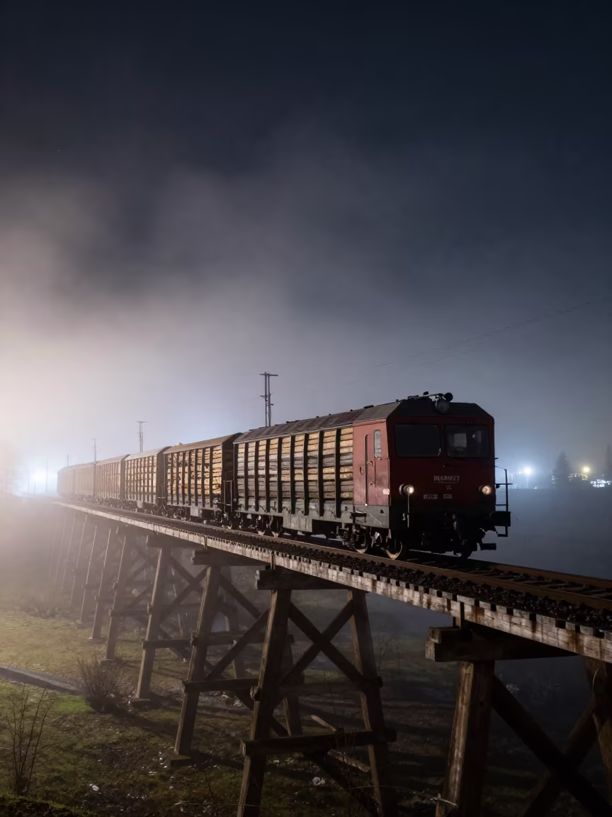 Lumber Train Crossing Bavarian Misty Trestle in in Bavaria