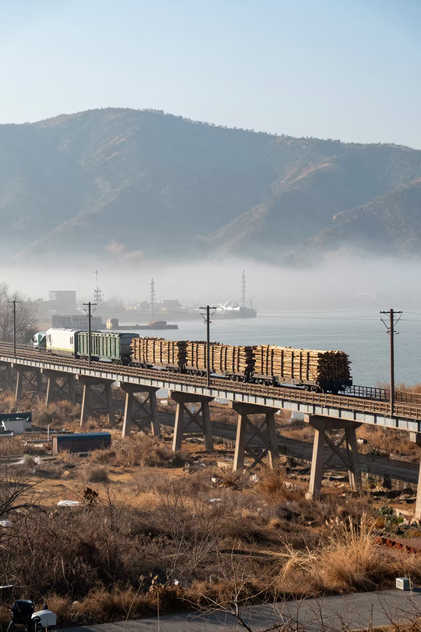 Lumber Train Crosses Trestle Over Foggy Kunming Harbor in beside a fogbound harbor mouth near Kunming