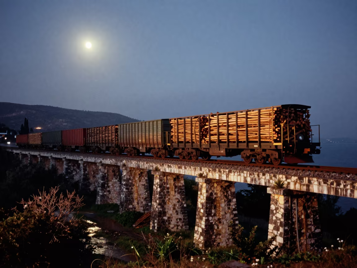 Lumber Train on Greek Trestle Under Moonlight in along a switchback approach in the Greek Islands