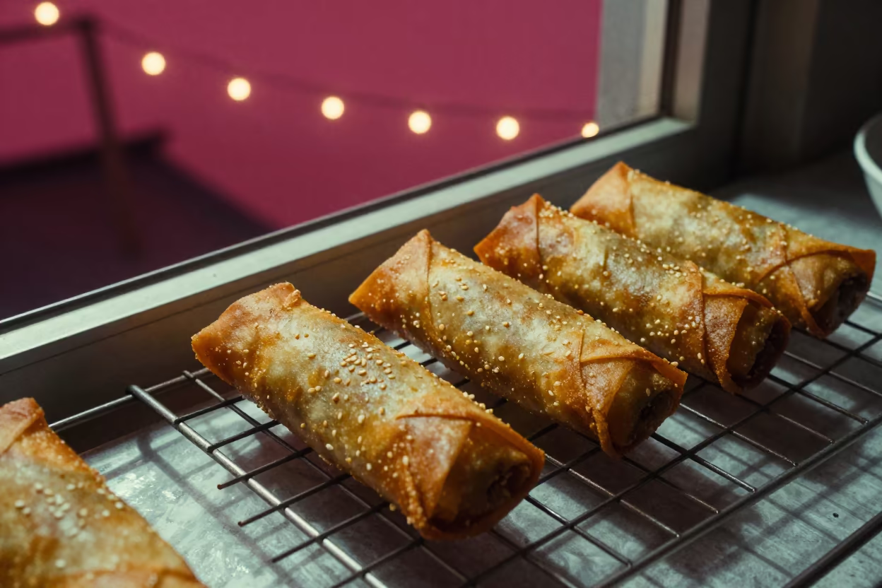 Lumpia Rolls on Cooling Rack at Twilight in on a bakery cooling rack in Poblacion, Manila