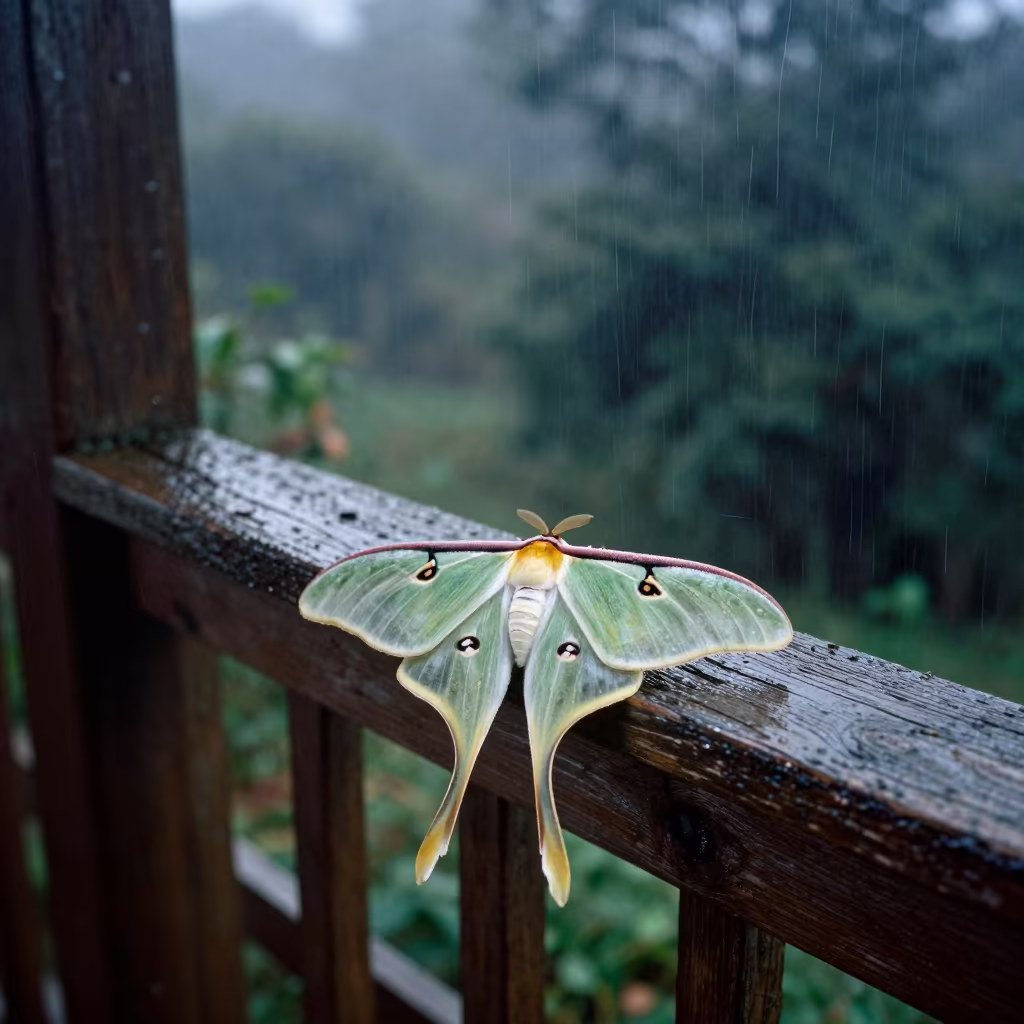 Luna Moth on Porch Railing Night Burundi in along a game trail in Burundi
