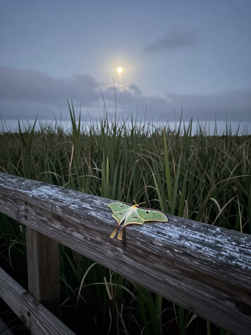 Luna Moth on Porch Railing Night in at the edge of a reed bed near Diani Beach