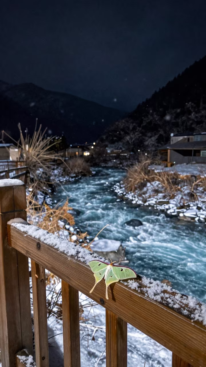 Luna Moth on Porch Railing Night Snow Sichuan in above a glacial stream in Sichuan