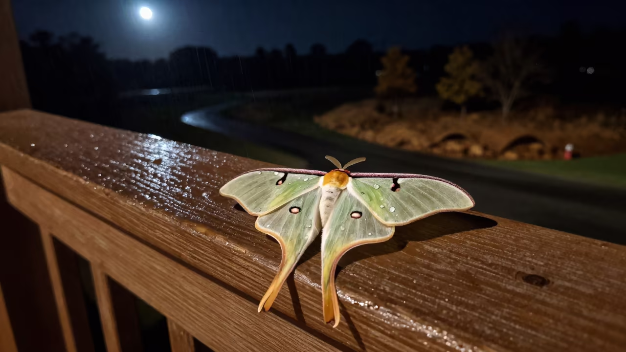 Luna Moth on Porch Railing Night in along a game trail near Monrovia