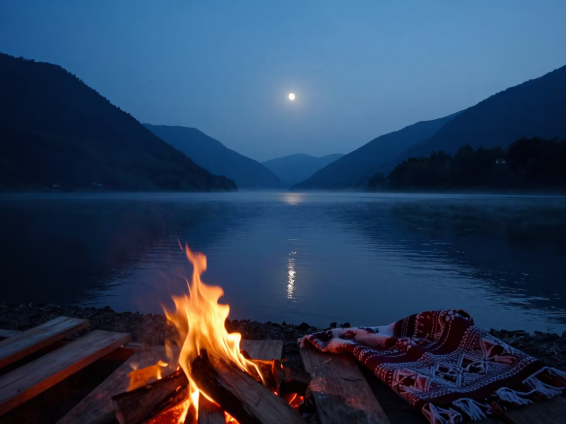 Lunar Crescent Reflected in Monsoon Fjord Twilight in from a quiet alpine saddle near Raipur