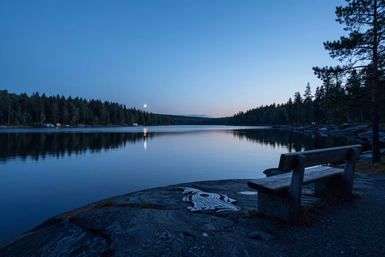 Lunar Crescent Reflection Stone Wood Fjord Finland in under the clearest stretch of sky in Finland