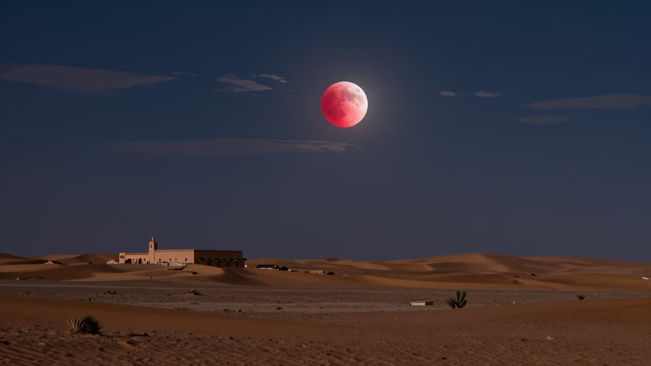 Lunar Eclipse Over Desert Plain Near Majorelle Marrakech in beneath thin cloud gaps and stars near Majorelle, Marrakech