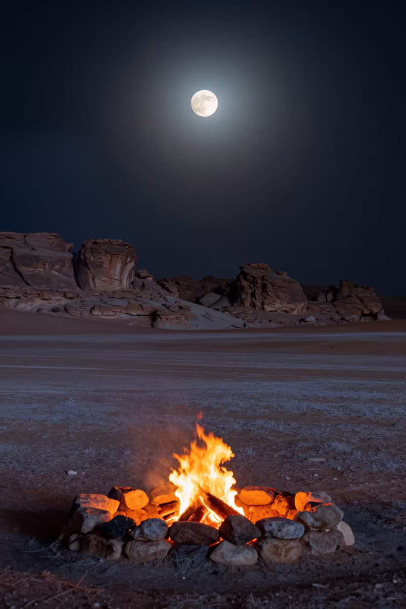 Lunar Eclipse Over Riyadh Desert Plain at Night in from a frost-hushed ridgeline near Riyadh
