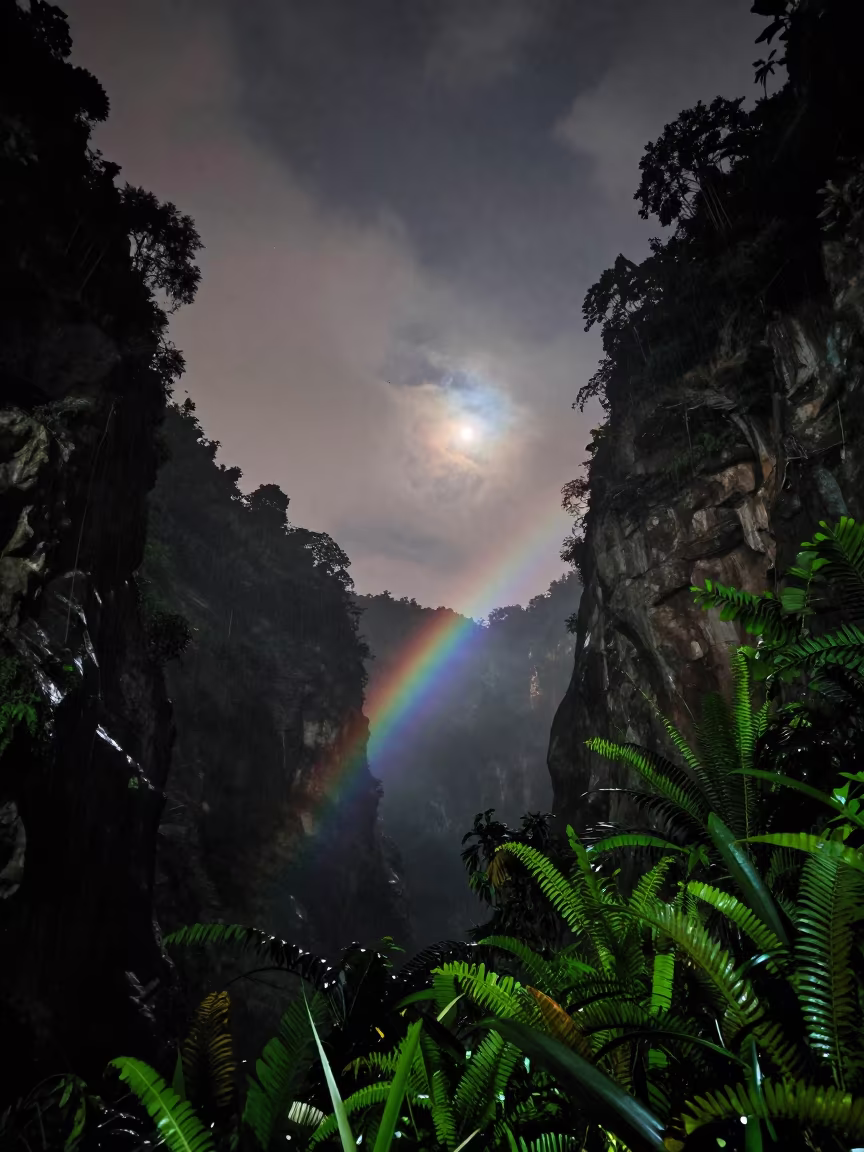 Faint Lunar Rainbow Over Tropical Gorge Kuala Lumpur in beneath thin cloud gaps and stars near Kuala Lumpur