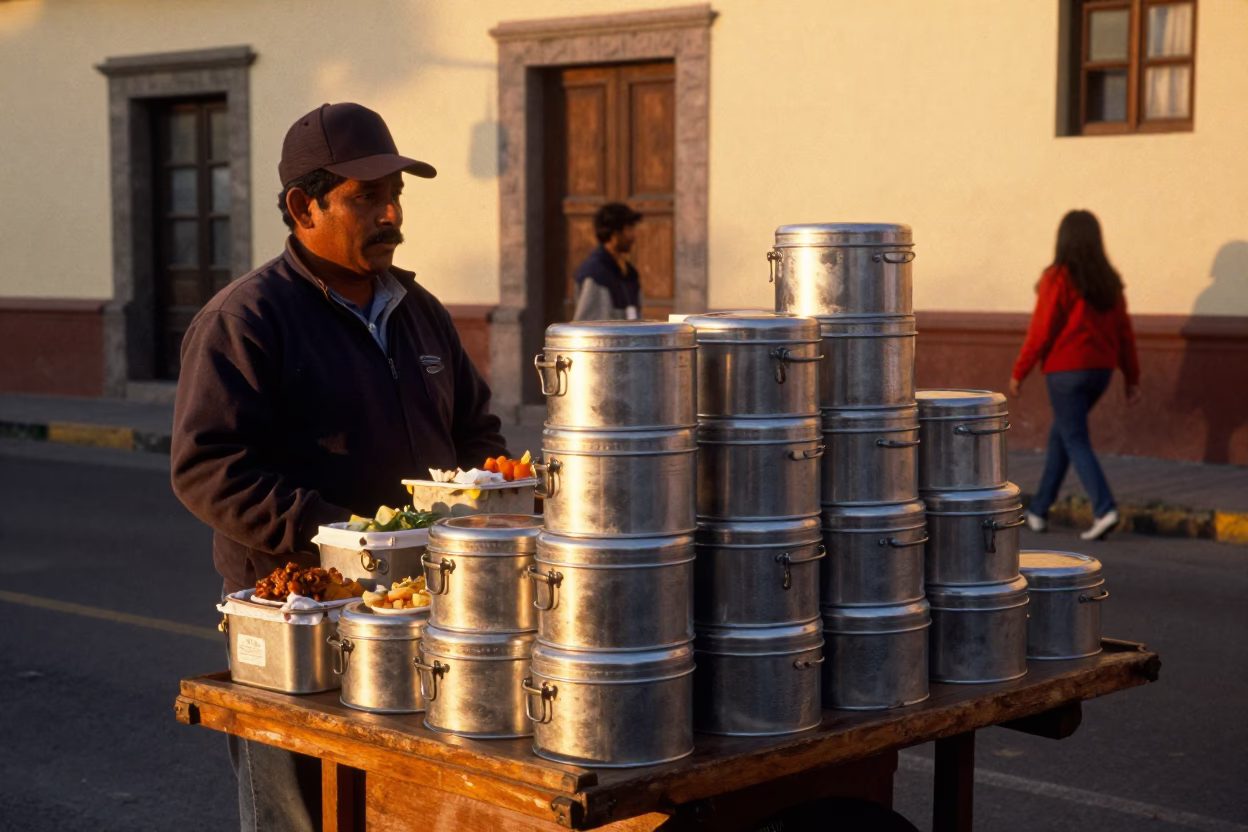 Lunch Boxes in Lima at Sunset Light in in Lima, Peru