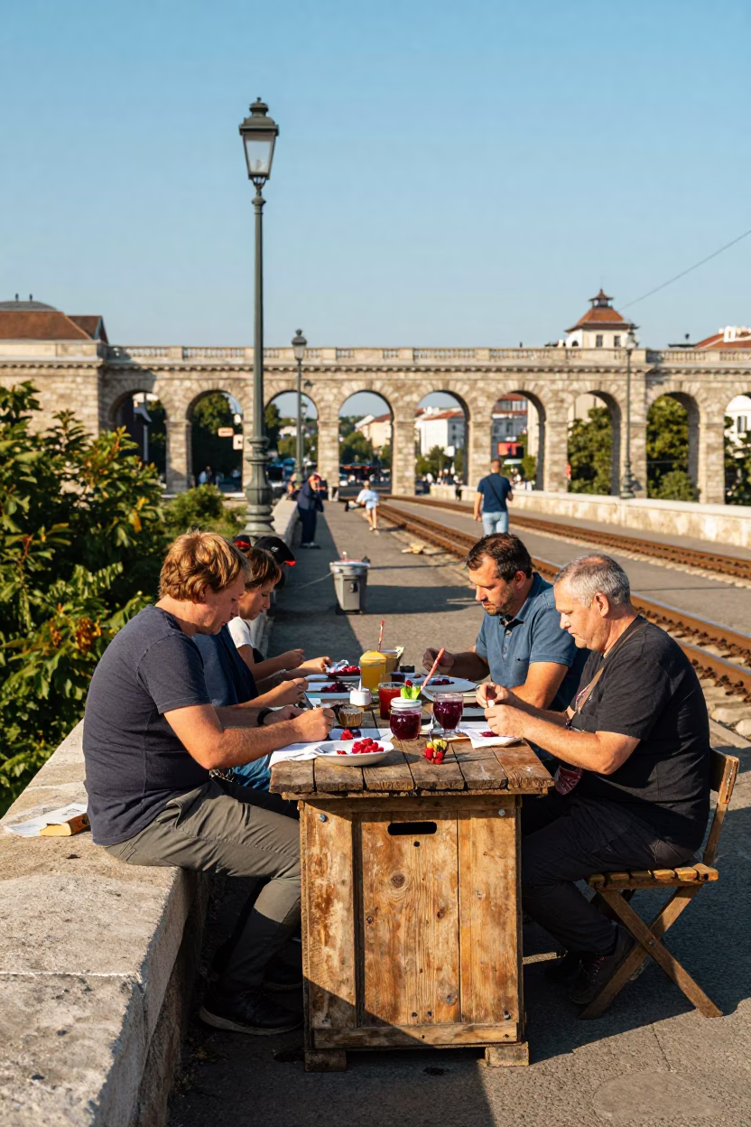 Lunch Break at Budapest Railway Viaduct with Borscht and Raspberries in in Budapest, Hungary