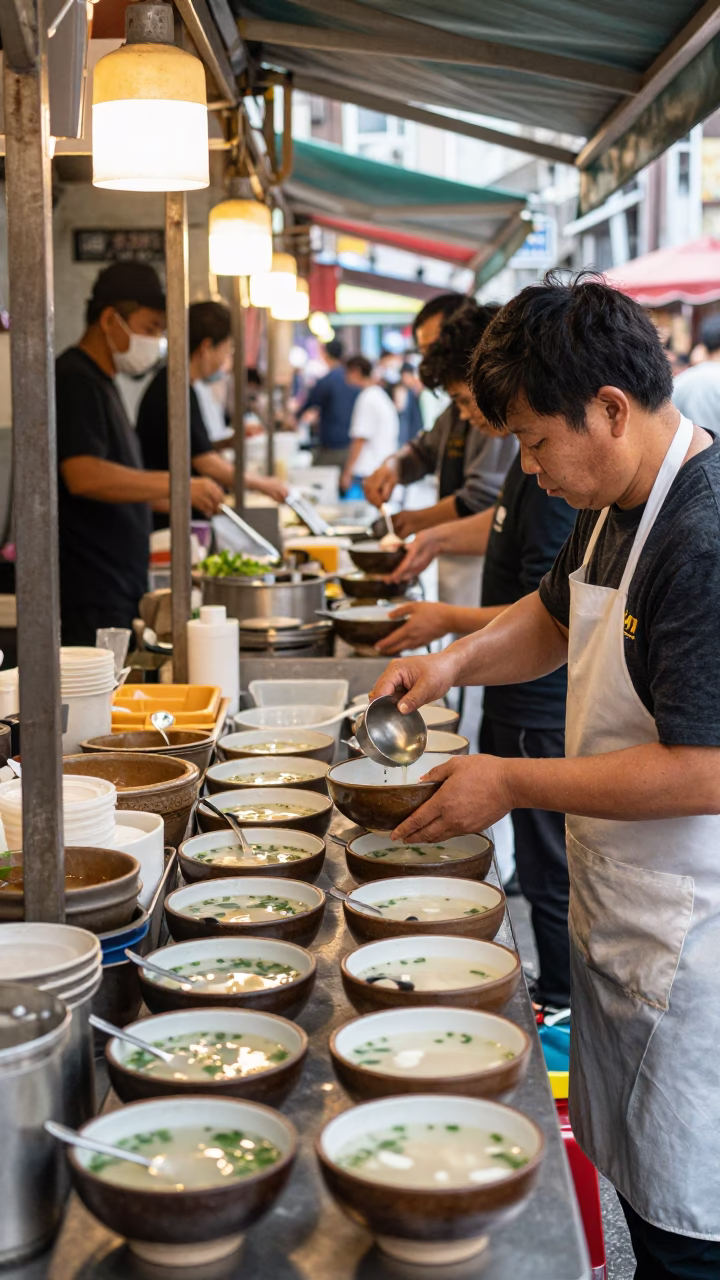 Lunch Break at Seoul Street Food Stall with Soup Bowls Under Noon Sun in in Seoul, South Korea