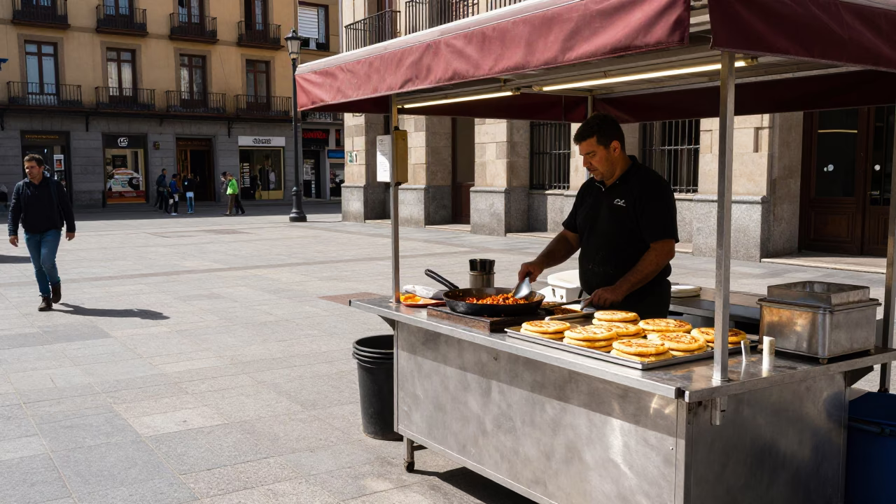Lunchtime street scene in Bilbao Spain with cheese arepas and saucepan near Guggenheim in in Bilbao, Spain