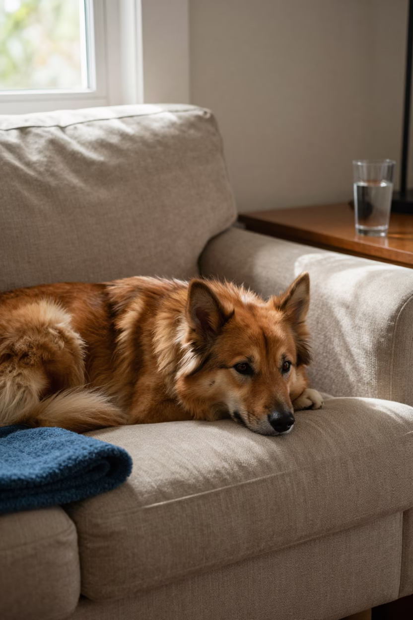 Lundehund Dog Resting on Linen Sofa in Sandakan Light in on a linen sofa with daylight from a nearby window in Sandakan
