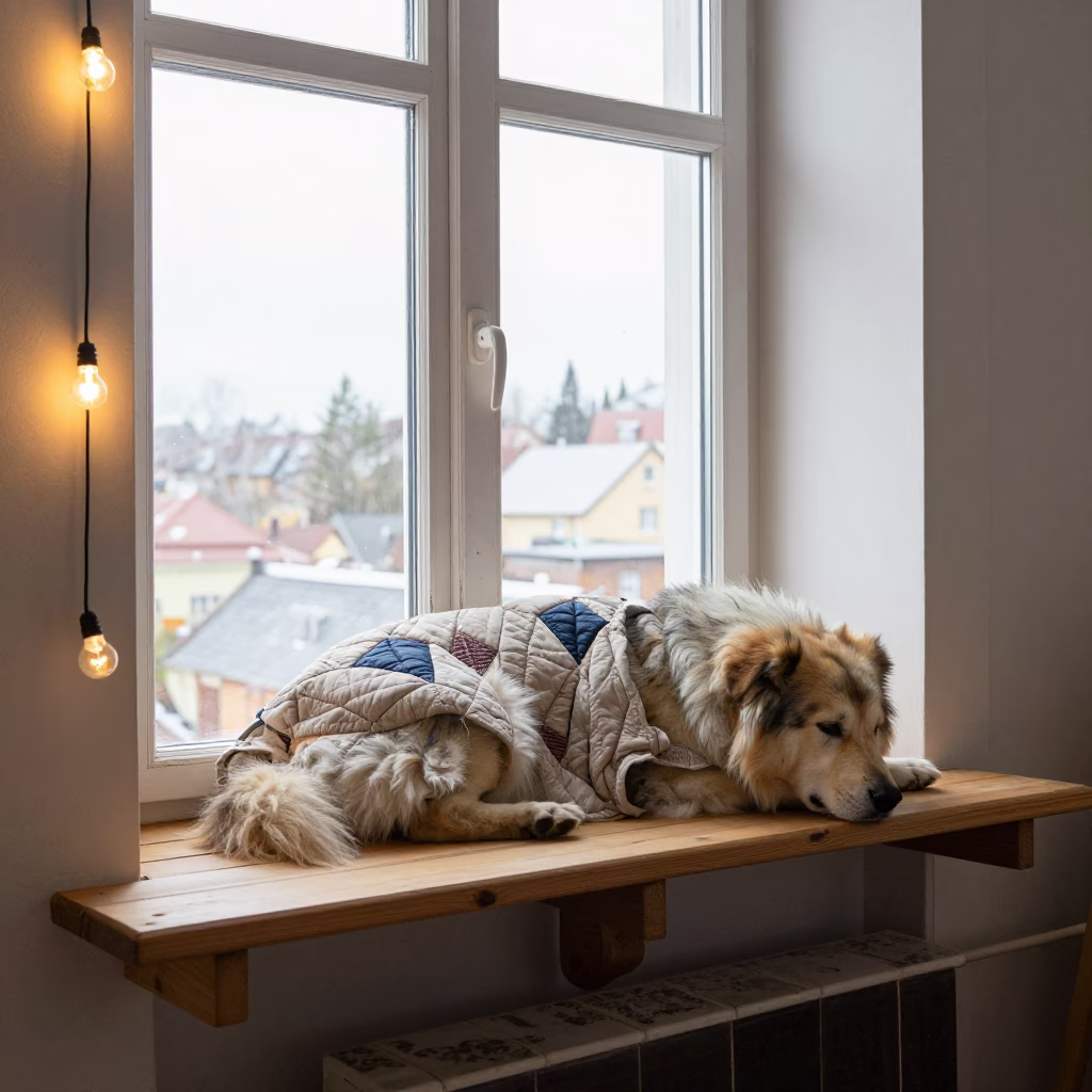 Lundehund Resting on Window Seat in Banfora in on a window seat in a quiet apartment with soft side light in Banfora