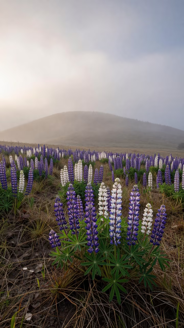 Lupine Blooms in Misty Late Autumn Alsace Meadow in in Alsace