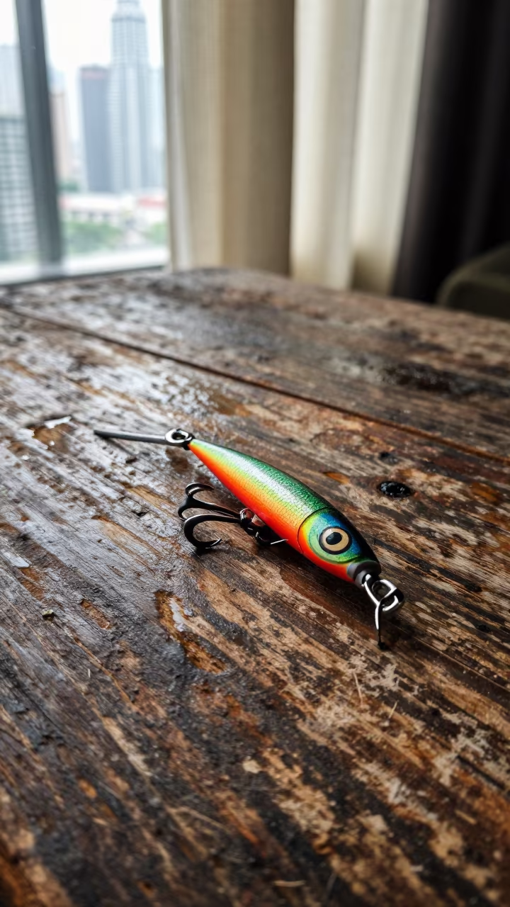 Lure on Dock Plank KLCC Workbench in on a wooden workbench in KLCC, Kuala Lumpur