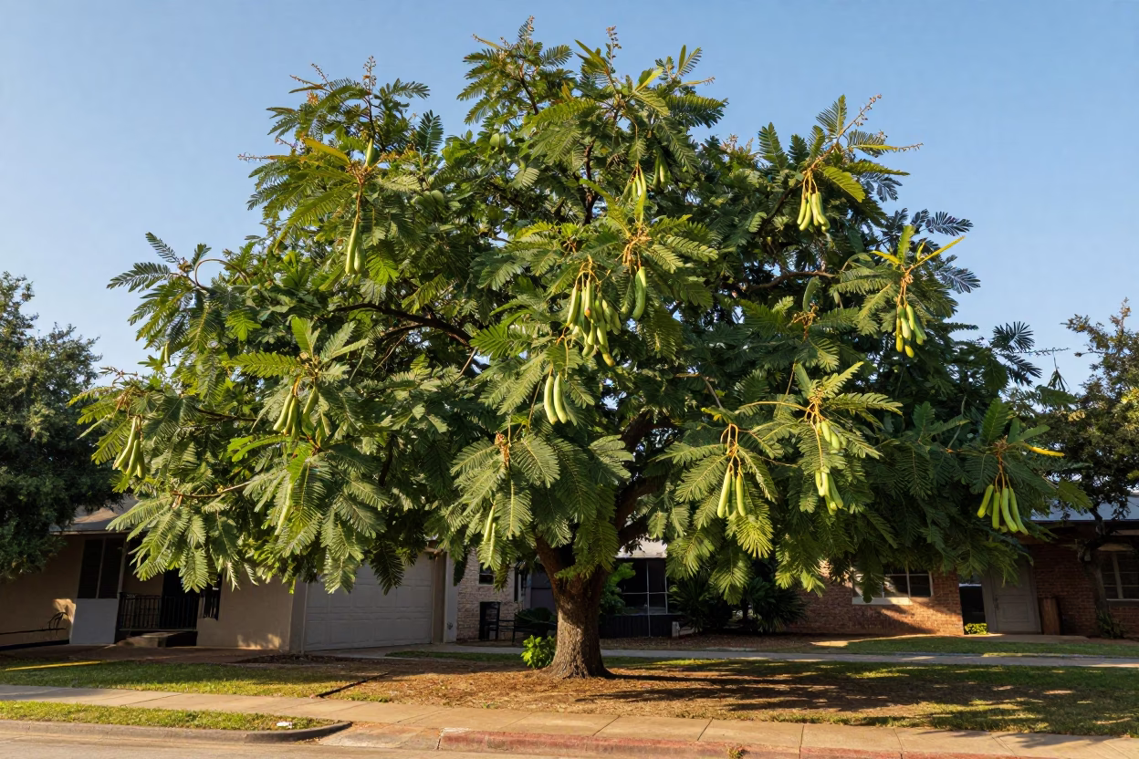 Lush Tamarind Tree With Feathery Leaves And Seed Pods In Austin Texas Afternoon Light in in Austin, Texas, United States