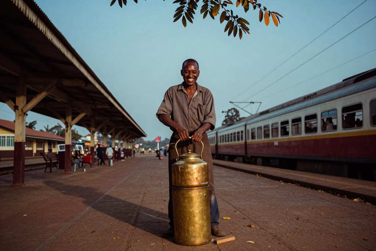 Luthier Beside Brass Kettle Kampala Dusk in in Kampala
