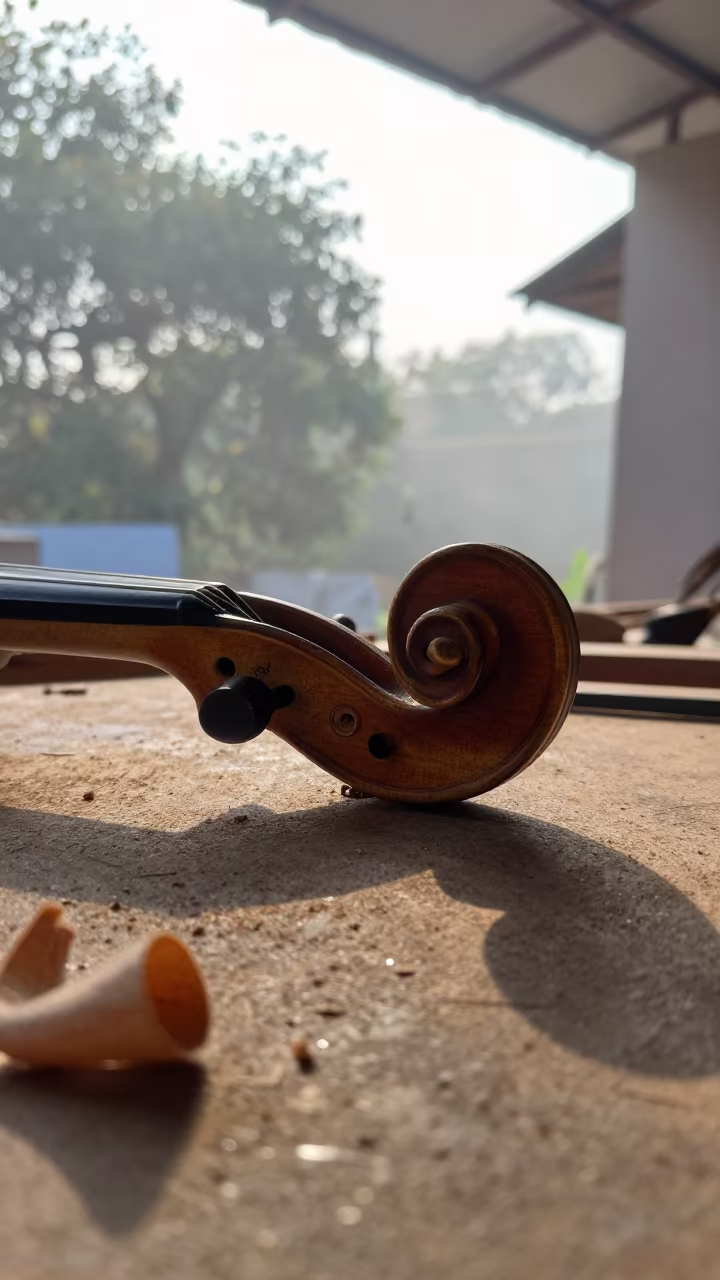 Luthier Carves Violin Scroll in Navi Mumbai Workshop in in Navi Mumbai