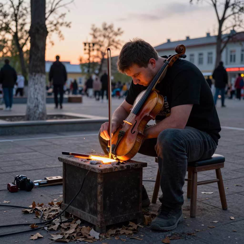Luthier Carving Violin Scroll in Ekibastuz Square in at a public square in Ekibastuz