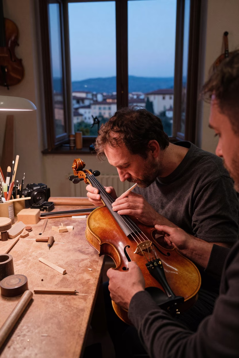 Luthier Carving Violin Scroll in Florence Workshop Before Dusk in in Florence, Italy