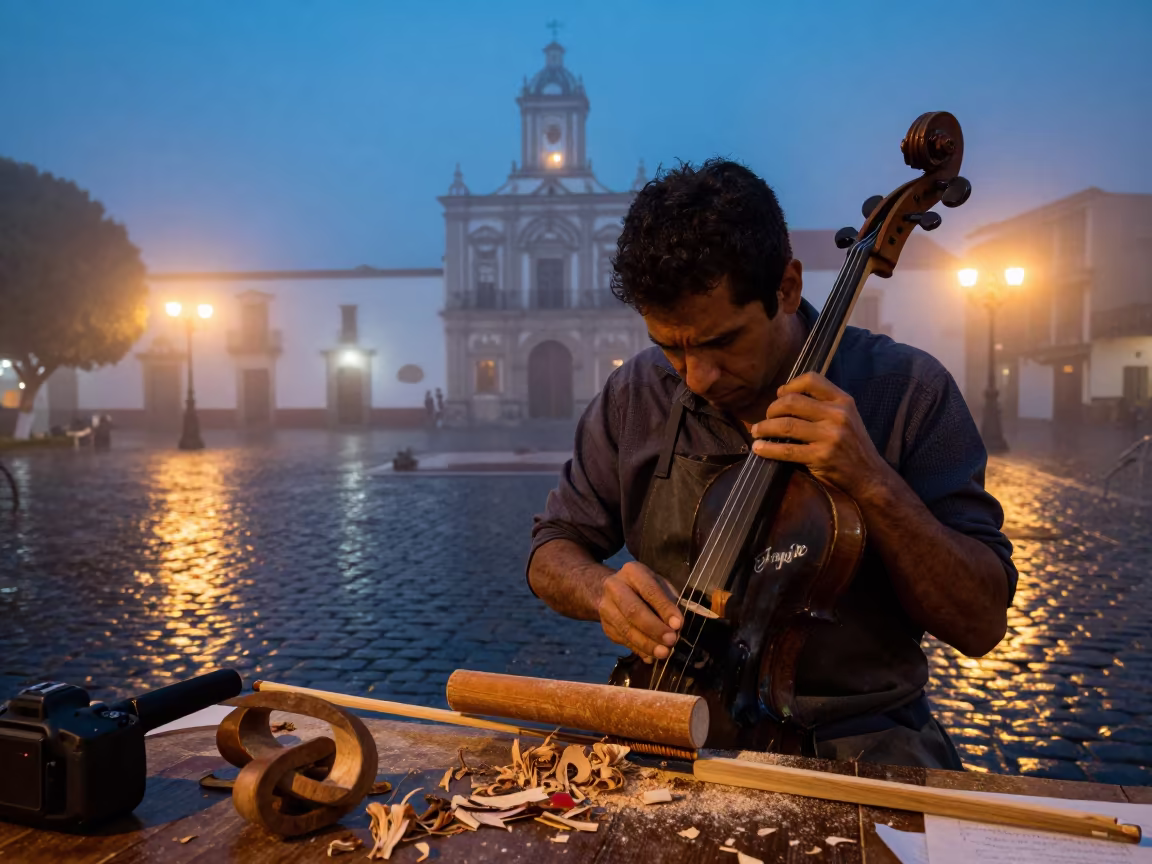 Luthier Carving Violin Scroll in Misty Square in at a public square in El Rosario de Soapire