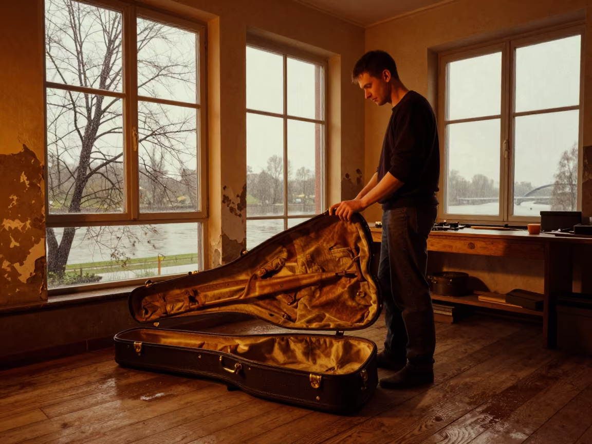 Luthier in Łódź Workshop with Rain in near a riverside landing in Łódź